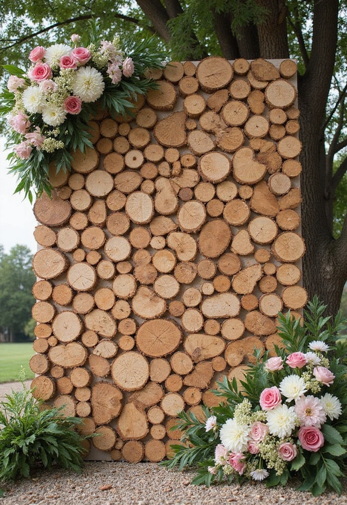 30 Breathtaking Wedding Reception Backdrop Ideas You’ll Want to Copy - 12. Natural Wood Slice Backdrop