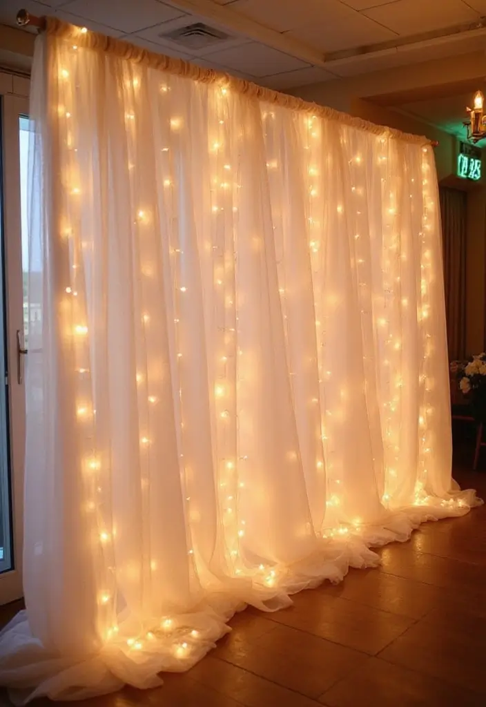 30 Breathtaking Wedding Reception Backdrop Ideas You’ll Want to Copy - 16. Tulle and Twinkle Lights