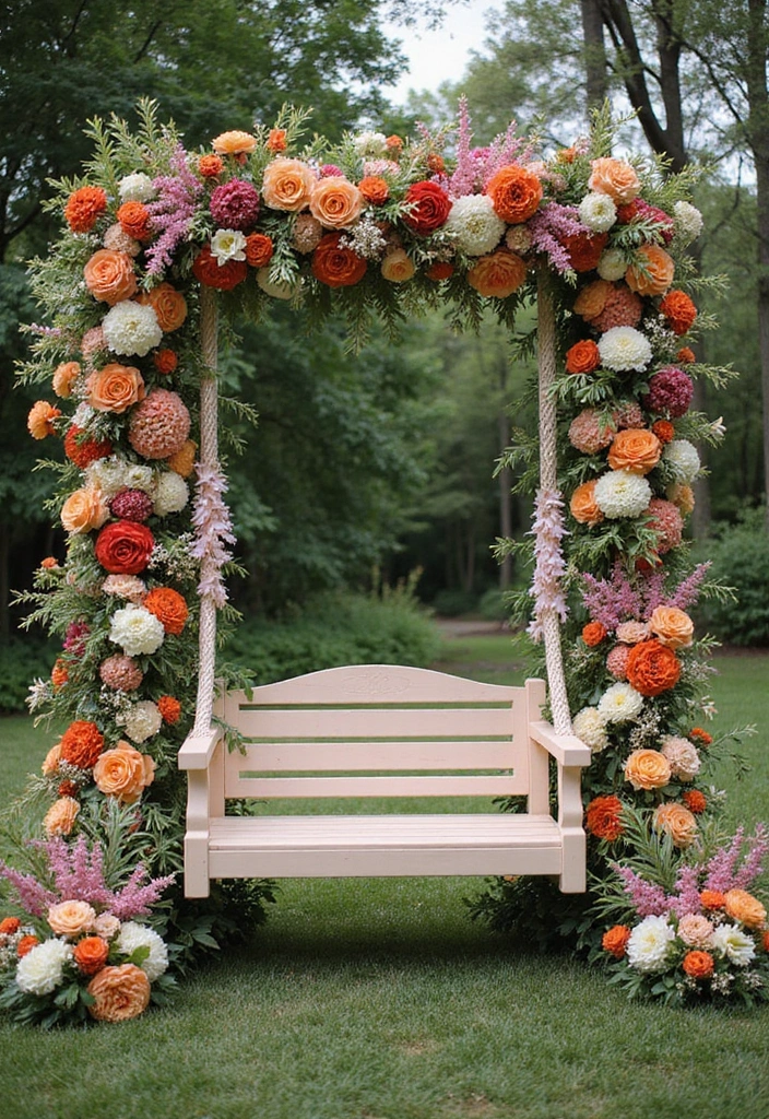 30 Breathtaking Wedding Reception Backdrop Ideas You’ll Want to Copy - 21. Floral Swing Backdrop