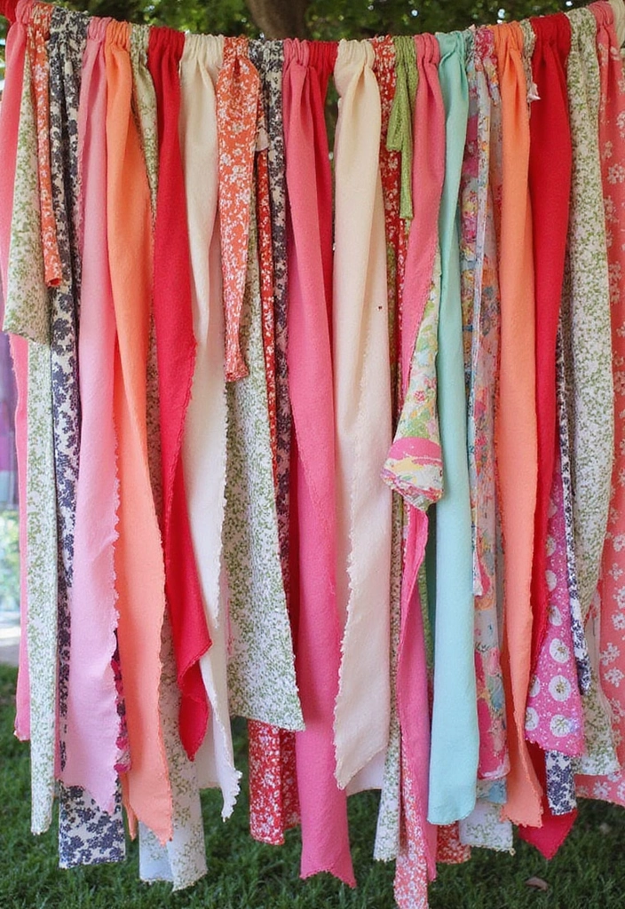 30 Breathtaking Wedding Reception Backdrop Ideas You’ll Want to Copy - 23. Upcycled Fabric Garland