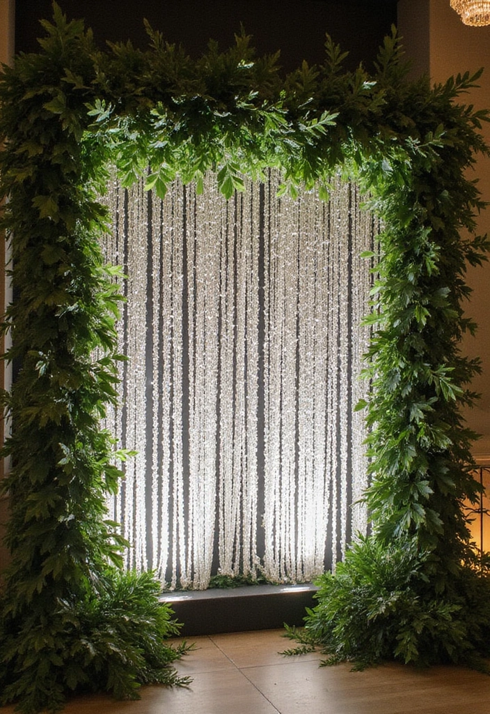 30 Breathtaking Wedding Reception Backdrop Ideas You’ll Want to Copy - 29. Crystal and Greenery Fusion