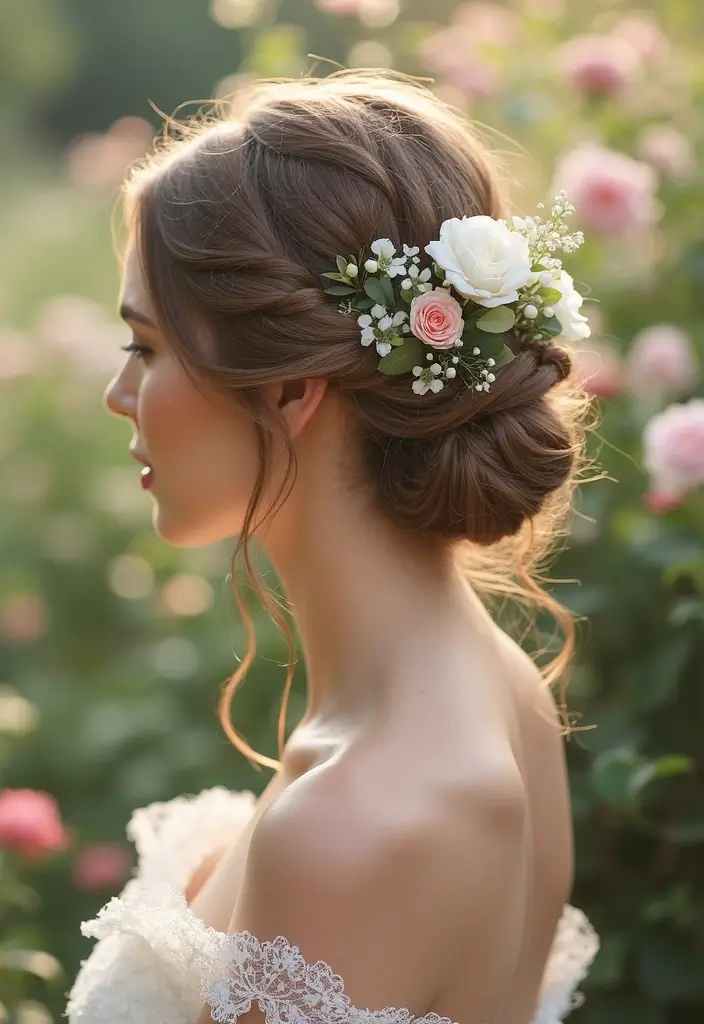 30 Bun Hairstyles for Weddings That Look Classy and Timeless - 10. Floral Bun with Loose Strands