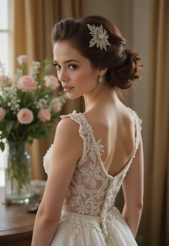 30 Bun Hairstyles for Weddings That Look Classy and Timeless - 11. Side Bun with Vintage Clip