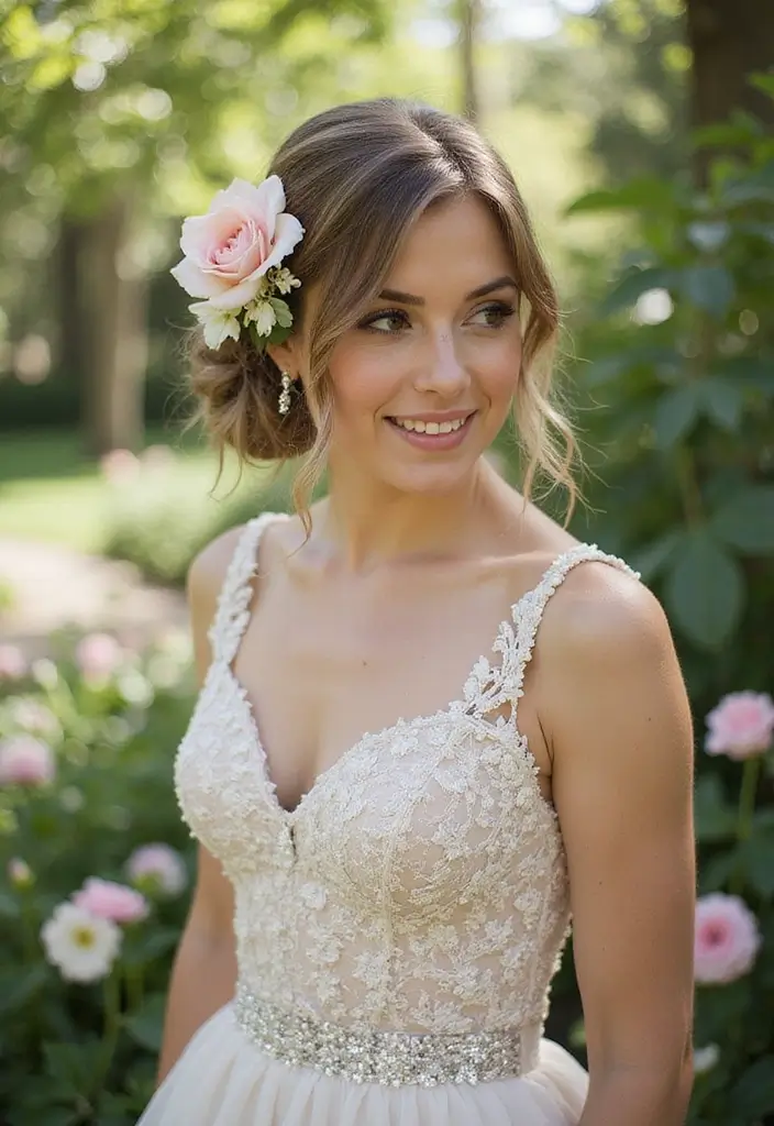 30 Bun Hairstyles for Weddings That Look Classy and Timeless - 20. Swirl Bun with Accent Flowers