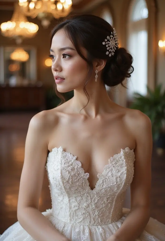 30 Bun Hairstyles for Weddings That Look Classy and Timeless - 21. Side-Swept Bun with Sparkles