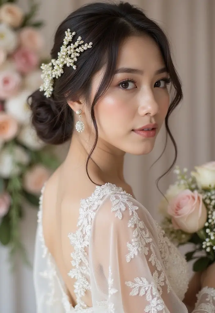 30 Bun Hairstyles for Weddings That Look Classy and Timeless - 26. Lotus Bun with Draped Strands