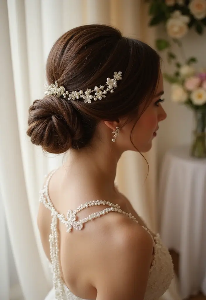 30 Bun Hairstyles for Weddings That Look Classy and Timeless - 6. Twisted Bun with Pearls