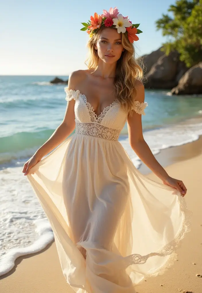 30 Chic Wedding Guest Hairstyles to Steal the Spotlight 10 30 Chic Wedding Guest Hairstyles to Steal the Spotlight - 10. Scattered Beach Flowers with Loose Hair
