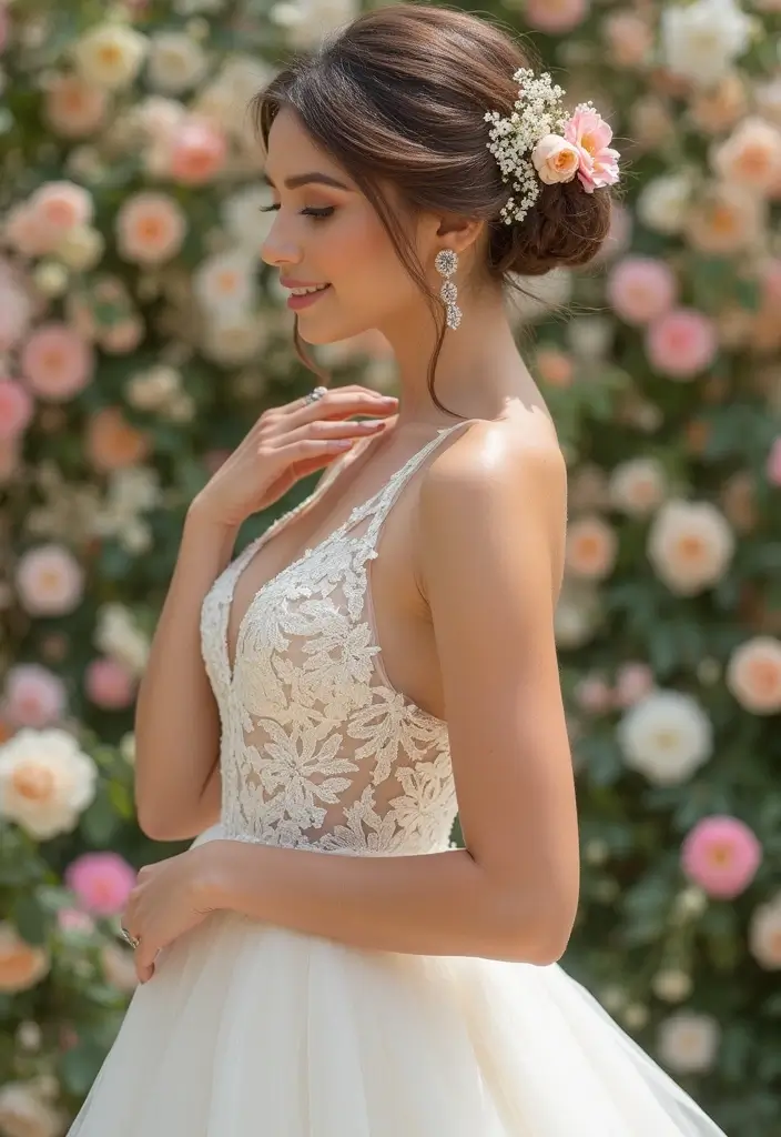 30 Elegant Wedding Hairstyles for Long Hair You’ll Fall in Love With 17 30 Elegant Wedding Hairstyles for Long Hair You’ll Fall in Love With - 17. High Bun with Floral Details