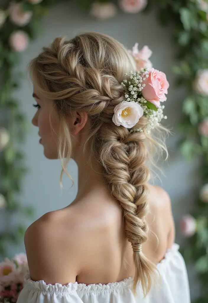 30 Elegant Wedding Hairstyles for Long Hair You’ll Fall in Love With 29 30 Elegant Wedding Hairstyles for Long Hair You’ll Fall in Love With - 29. Side-Swept Braid with Flowers