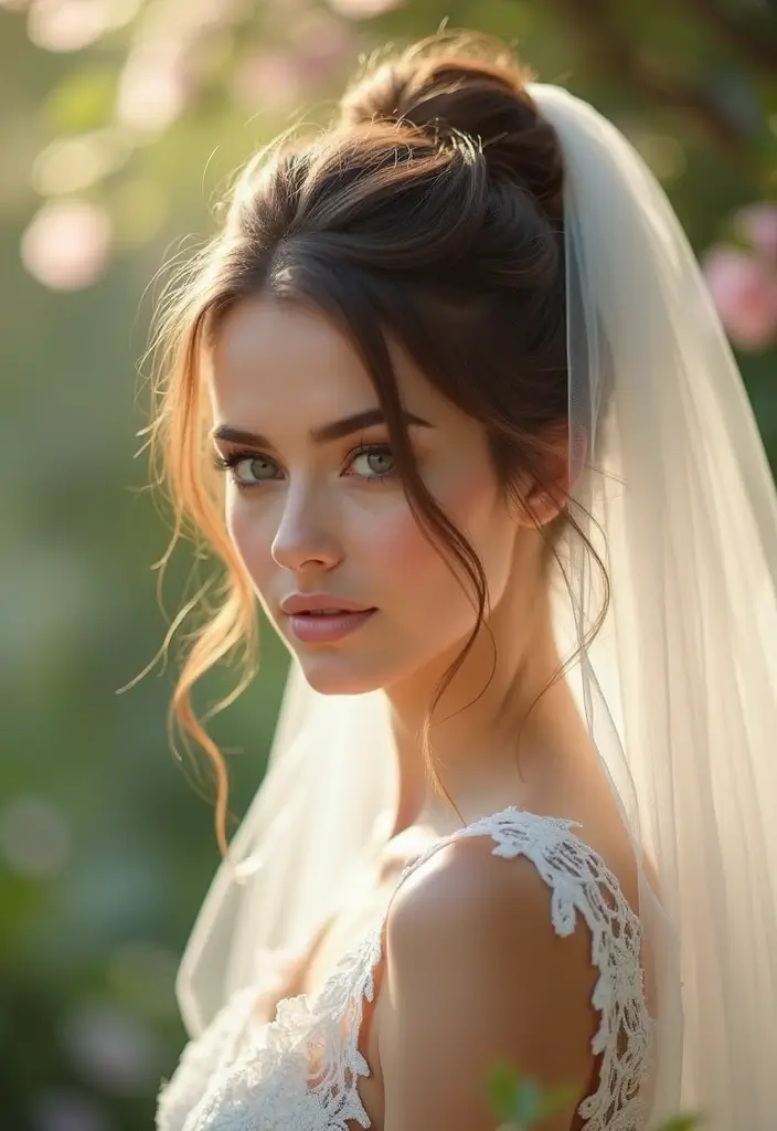 30 Elegant Wedding Hairstyles for Long Hair You’ll Fall in Love With 3 30 Elegant Wedding Hairstyles for Long Hair You’ll Fall in Love With - 3. Messy Bun with Veil