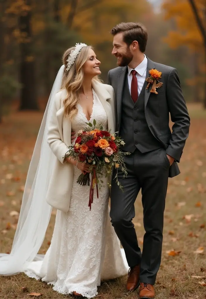 30 Fall Wedding Ideas Filled With Warm Colors and Cozy Vibes 3 30 Fall Wedding Ideas Filled With Warm Colors and Cozy Vibes - 3. Seasonal Wedding Attire