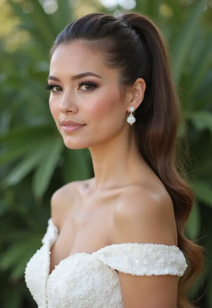 30 Gorgeous Wedding Ponytail Hairstyles That Are Surprisingly Elegant - 1. Sleek High Ponytail with a Twist