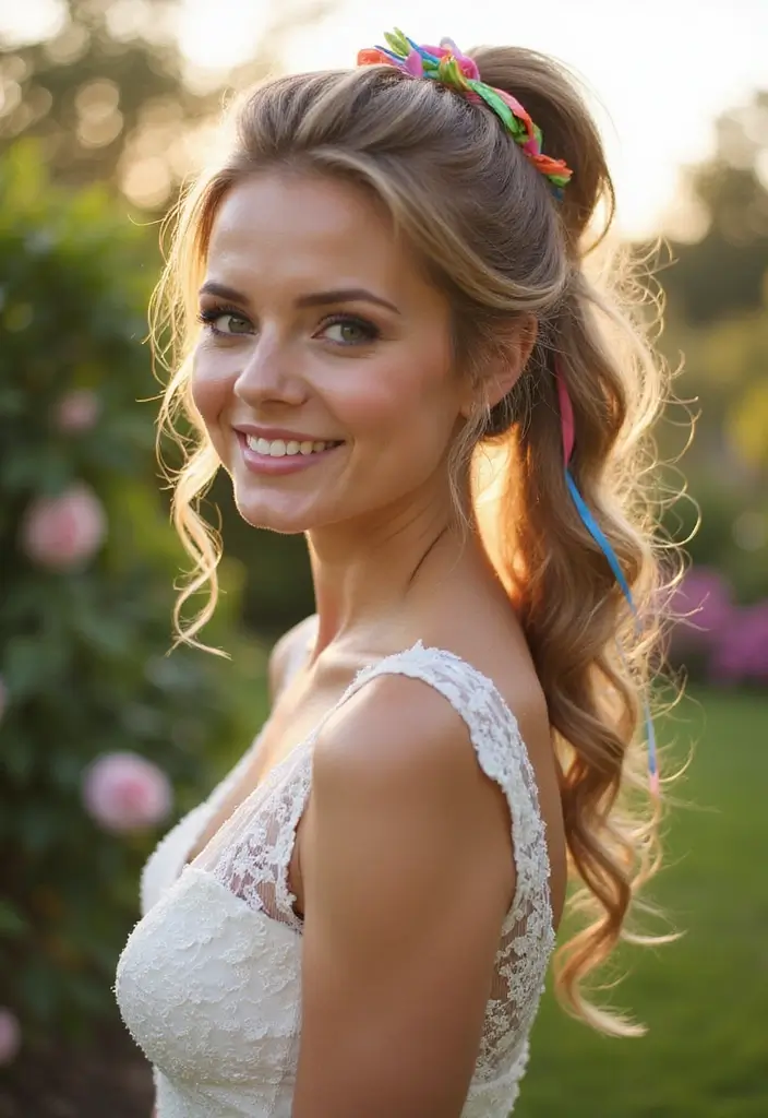 30 Gorgeous Wedding Ponytail Hairstyles That Are Surprisingly Elegant - 15. Playful Ponytail with Colorful Ribbons