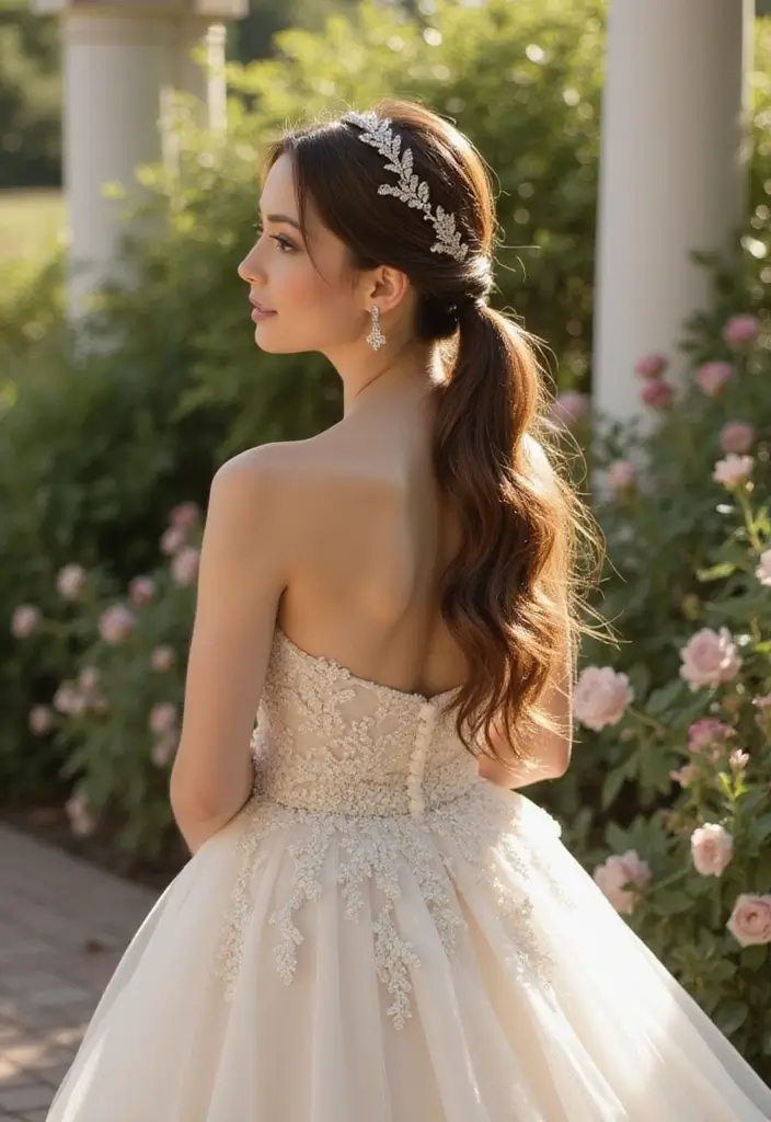 30 Gorgeous Wedding Ponytail Hairstyles That Are Surprisingly Elegant - 20. Glossy Ponytail with a Sparkly Headpiece