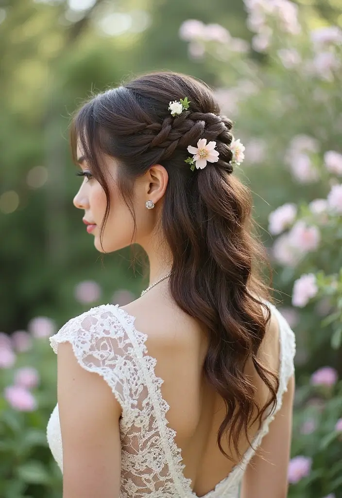 30 Gorgeous Wedding Ponytail Hairstyles That Are Surprisingly Elegant - 21. Half-Up Twisted Ponytail with Floral Clips