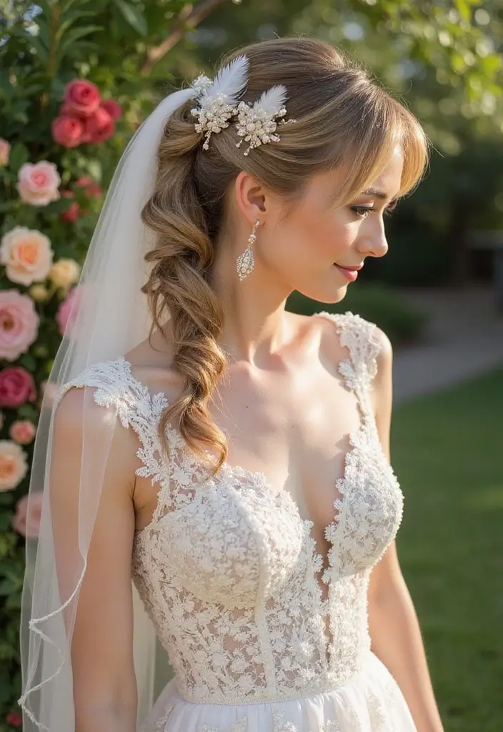 30 Gorgeous Wedding Ponytail Hairstyles That Are Surprisingly Elegant - 28. Whimsical Ponytail with Feathered Clips