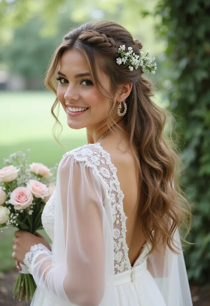 30 Gorgeous Wedding Ponytail Hairstyles That Are Surprisingly Elegant - 3. Textured Ponytail with Floral Accents