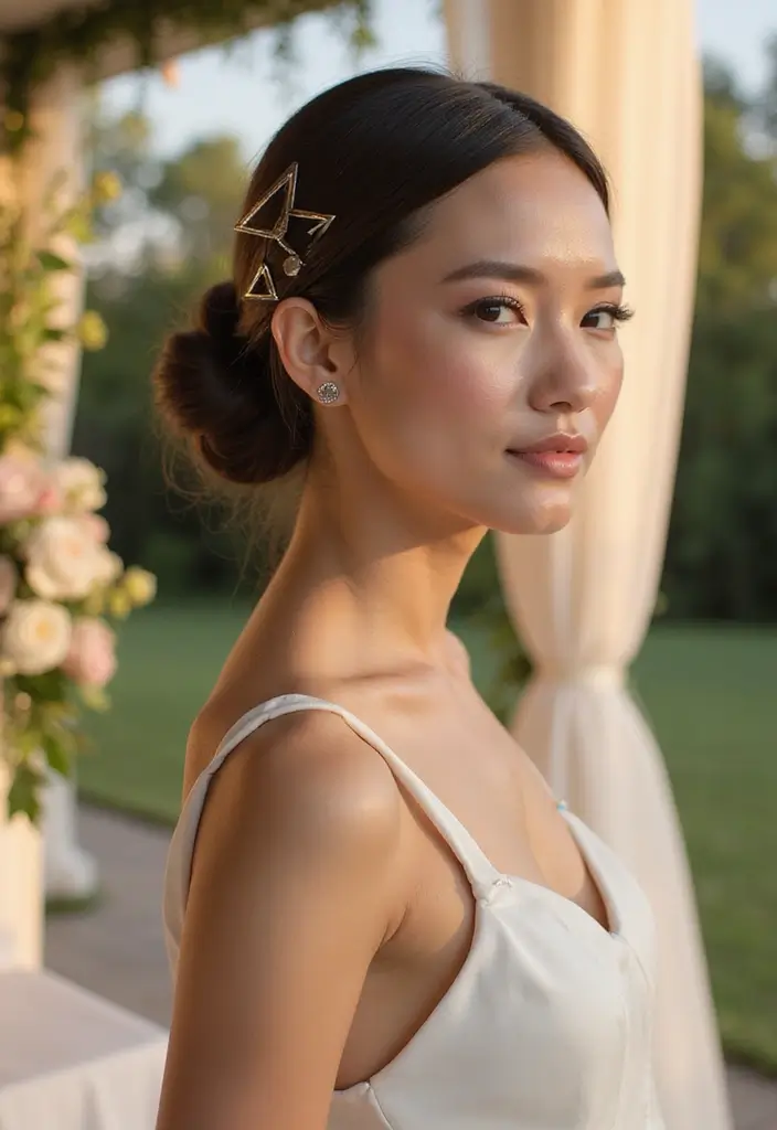 30 Gorgeous Wedding Ponytail Hairstyles That Are Surprisingly Elegant - 30. Modern Ponytail with Geometric Hair Accessories
