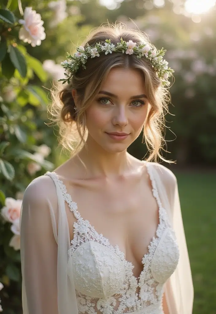 30 Gorgeous Wedding Ponytail Hairstyles That Are Surprisingly Elegant - 5. Messy Ponytail with a Flower Crown