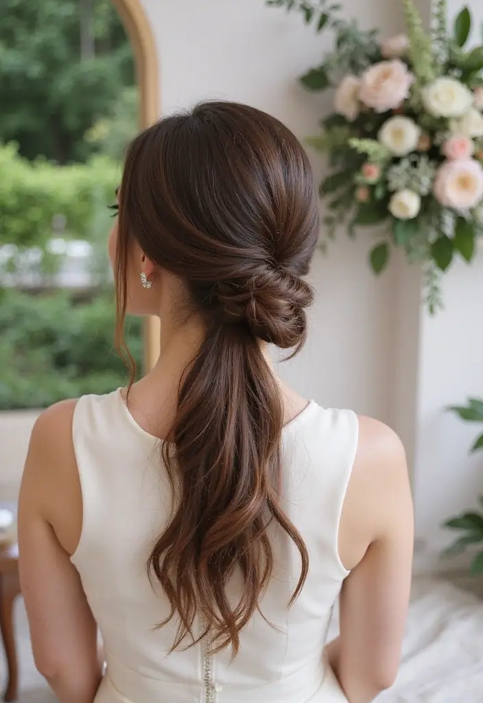 30 Gorgeous Wedding Ponytail Hairstyles That Are Surprisingly Elegant - 6. Sleek Low Ponytail with Hair Wrap