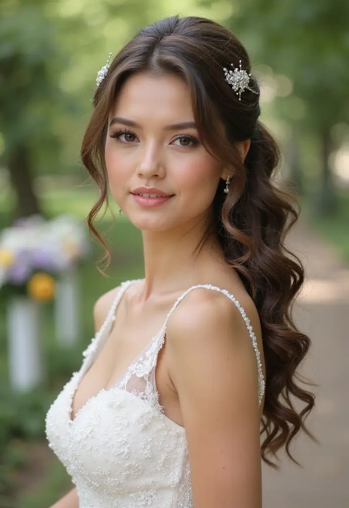 30 Gorgeous Wedding Ponytail Hairstyles That Are Surprisingly Elegant - 8. Soft Curly Ponytail with Sparkling Hairpins