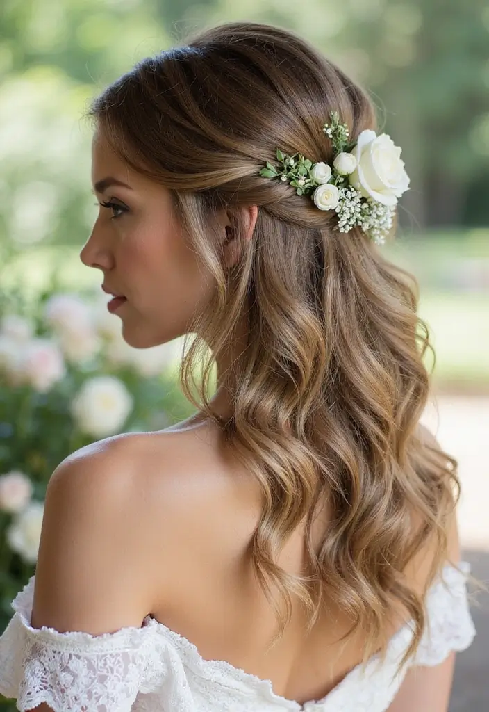 30 Half Up Half Down Wedding Hairstyles That Look Gorgeous in Photos 1 30 Half Up Half Down Wedding Hairstyles That Look Gorgeous in Photos - 1. Half Up with Loose Beach Waves