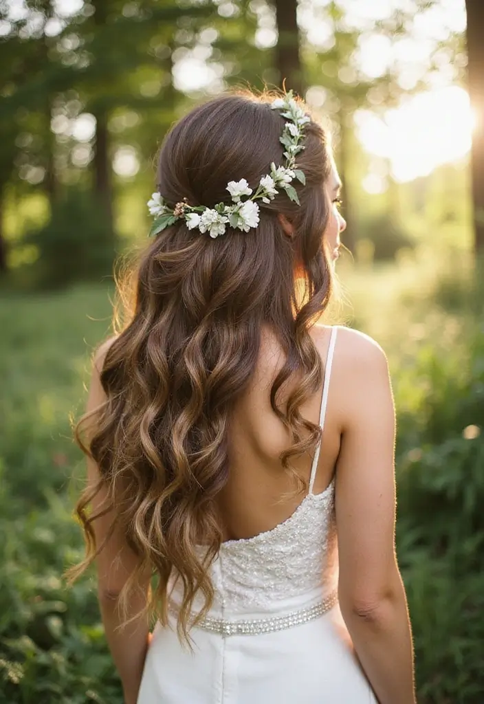 30 Half Up Half Down Wedding Hairstyles That Look Gorgeous in Photos 11 30 Half Up Half Down Wedding Hairstyles That Look Gorgeous in Photos - 11. Crown Braid Half Up with Soft Waves