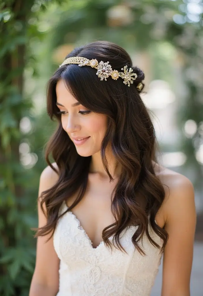 30 Half Up Half Down Wedding Hairstyles That Look Gorgeous in Photos 12 30 Half Up Half Down Wedding Hairstyles That Look Gorgeous in Photos - 12. Half Up with Bohemian Accessories
