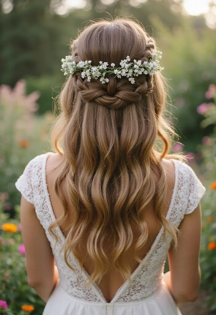 30 Half Up Half Down Wedding Hairstyles That Look Gorgeous in Photos 13 30 Half Up Half Down Wedding Hairstyles That Look Gorgeous in Photos - 13. Half Up with Braided Halo
