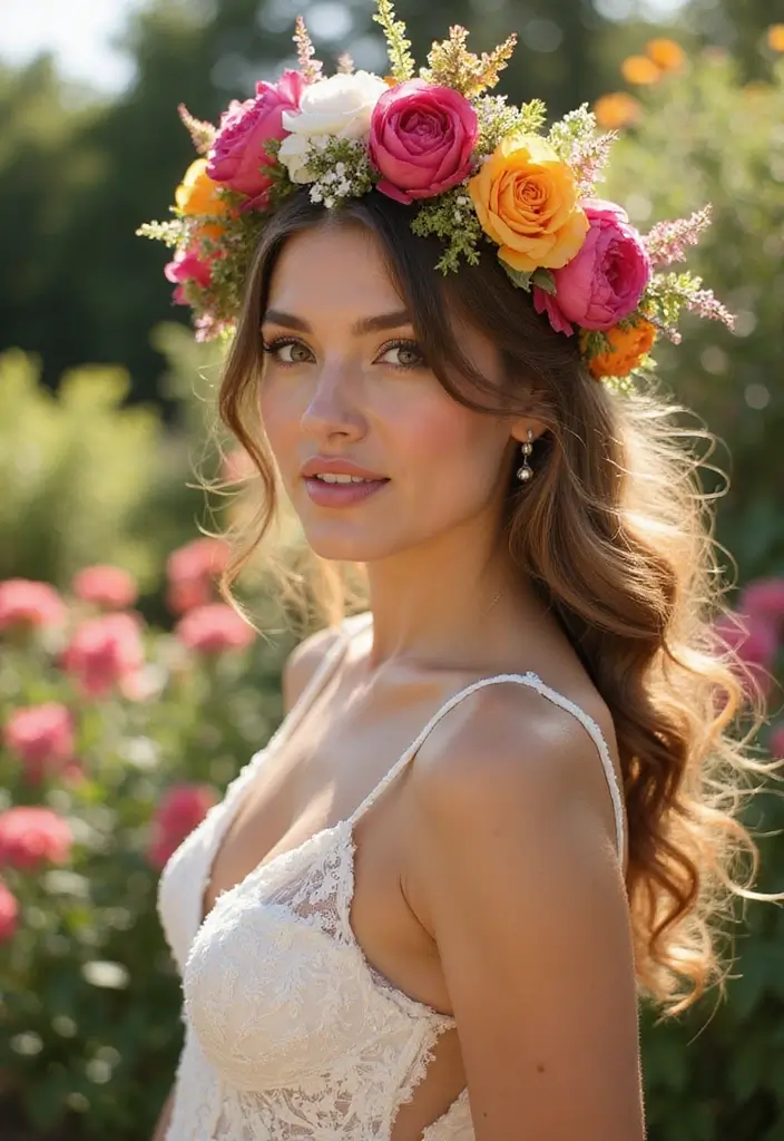 30 Half Up Half Down Wedding Hairstyles That Look Gorgeous in Photos 14 30 Half Up Half Down Wedding Hairstyles That Look Gorgeous in Photos - 14. Half Up with Colorful Blooms