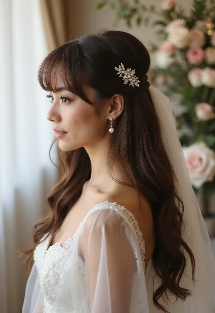 30 Half Up Half Down Wedding Hairstyles That Look Gorgeous in Photos 15 30 Half Up Half Down Wedding Hairstyles That Look Gorgeous in Photos - 15. Half Up with Side Swept Bangs