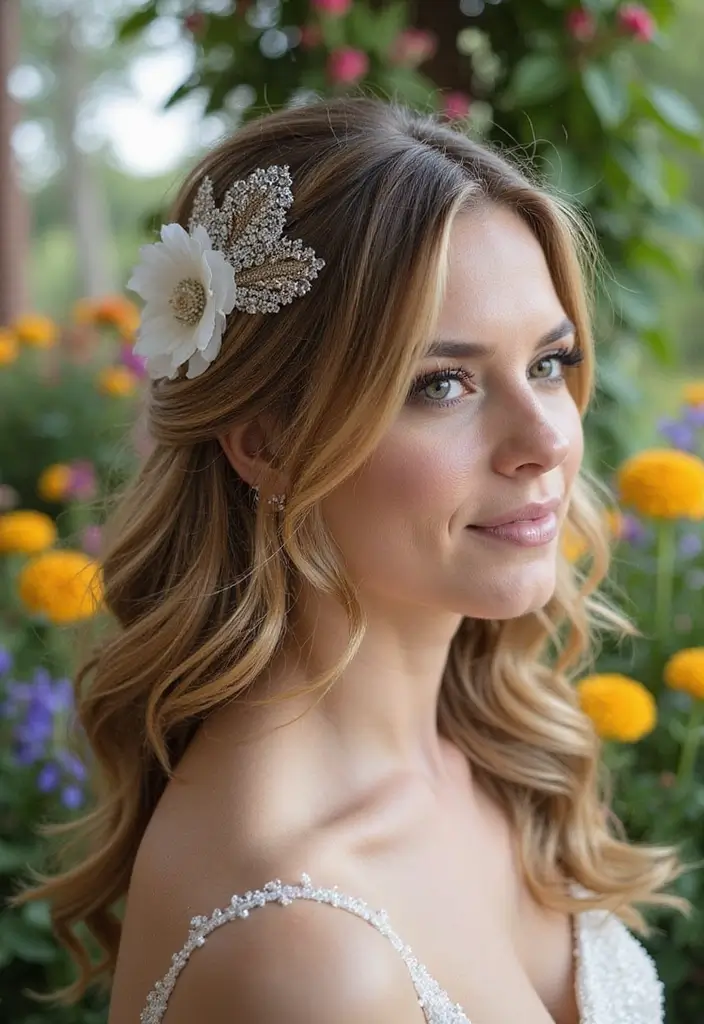30 Half Up Half Down Wedding Hairstyles That Look Gorgeous in Photos 17 30 Half Up Half Down Wedding Hairstyles That Look Gorgeous in Photos - 17. Half Up with Feather Accents