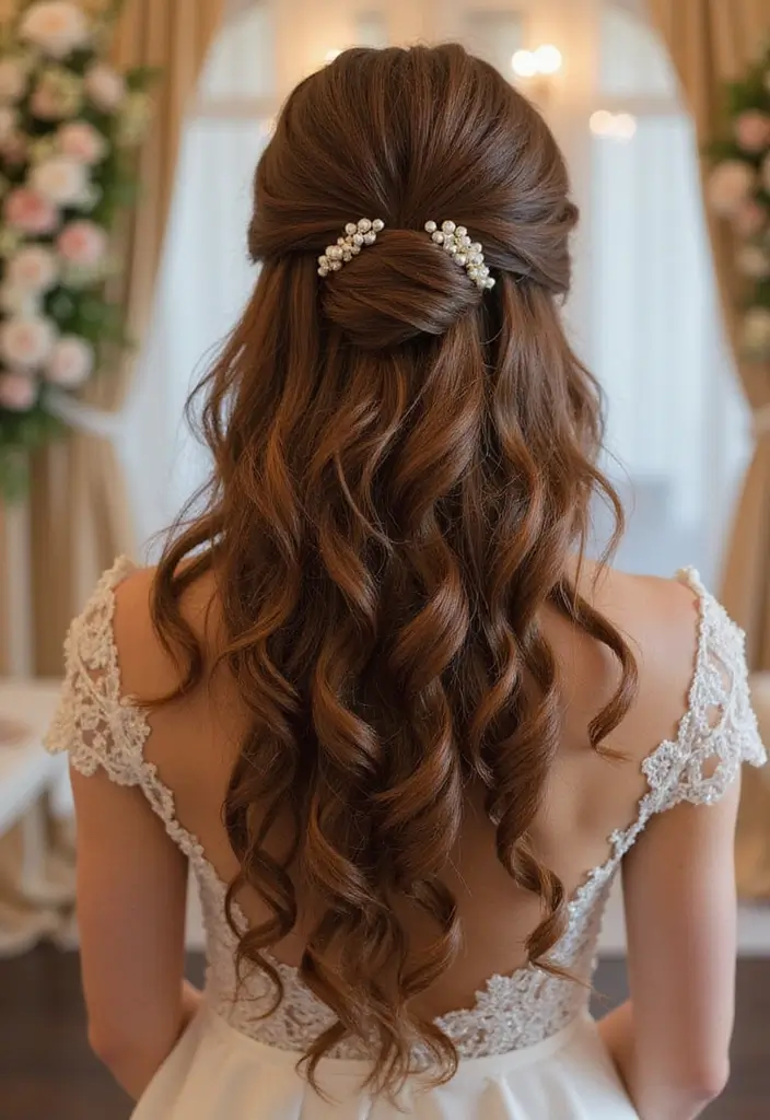 30 Half Up Half Down Wedding Hairstyles That Look Gorgeous in Photos 18 30 Half Up Half Down Wedding Hairstyles That Look Gorgeous in Photos - 18. Half Up with Cascading Curls