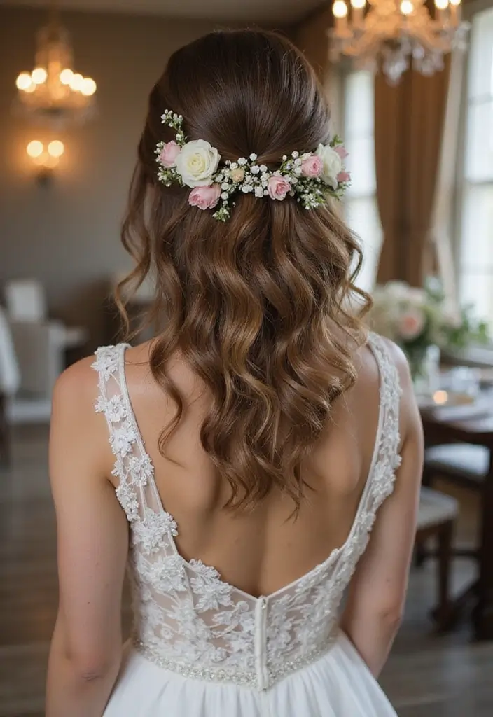 30 Half Up Half Down Wedding Hairstyles That Look Gorgeous in Photos 21 30 Half Up Half Down Wedding Hairstyles That Look Gorgeous in Photos - 21. Half Up with Vintage Floral Detailing