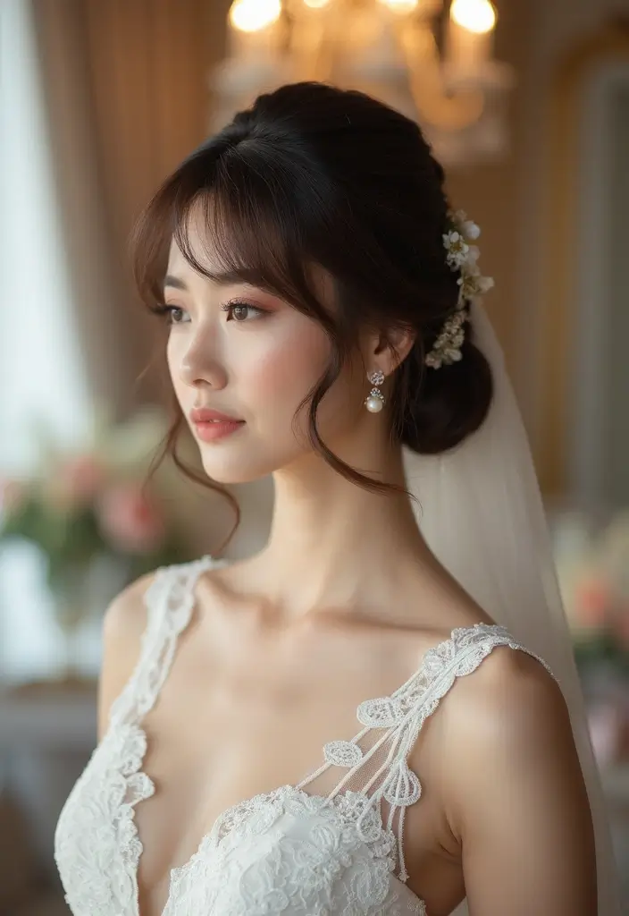 30 Half Up Half Down Wedding Hairstyles That Look Gorgeous in Photos 22 30 Half Up Half Down Wedding Hairstyles That Look Gorgeous in Photos - 22. Half Up with a Chic Bun and Bangs