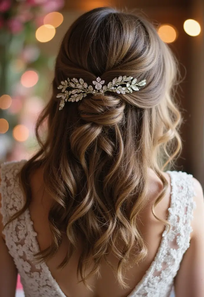 30 Half Up Half Down Wedding Hairstyles That Look Gorgeous in Photos 24 30 Half Up Half Down Wedding Hairstyles That Look Gorgeous in Photos - 24. Half Up with Textured Waves and Clips