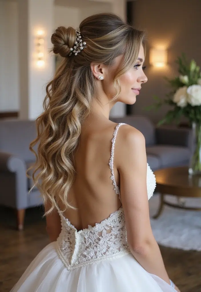 30 Half Up Half Down Wedding Hairstyles That Look Gorgeous in Photos 25 30 Half Up Half Down Wedding Hairstyles That Look Gorgeous in Photos - 25. Half Up with Knotted Details