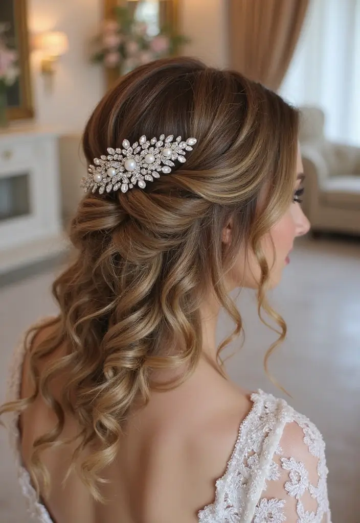 30 Half Up Half Down Wedding Hairstyles That Look Gorgeous in Photos 27 30 Half Up Half Down Wedding Hairstyles That Look Gorgeous in Photos - 27. Half Up with a Statement Comb