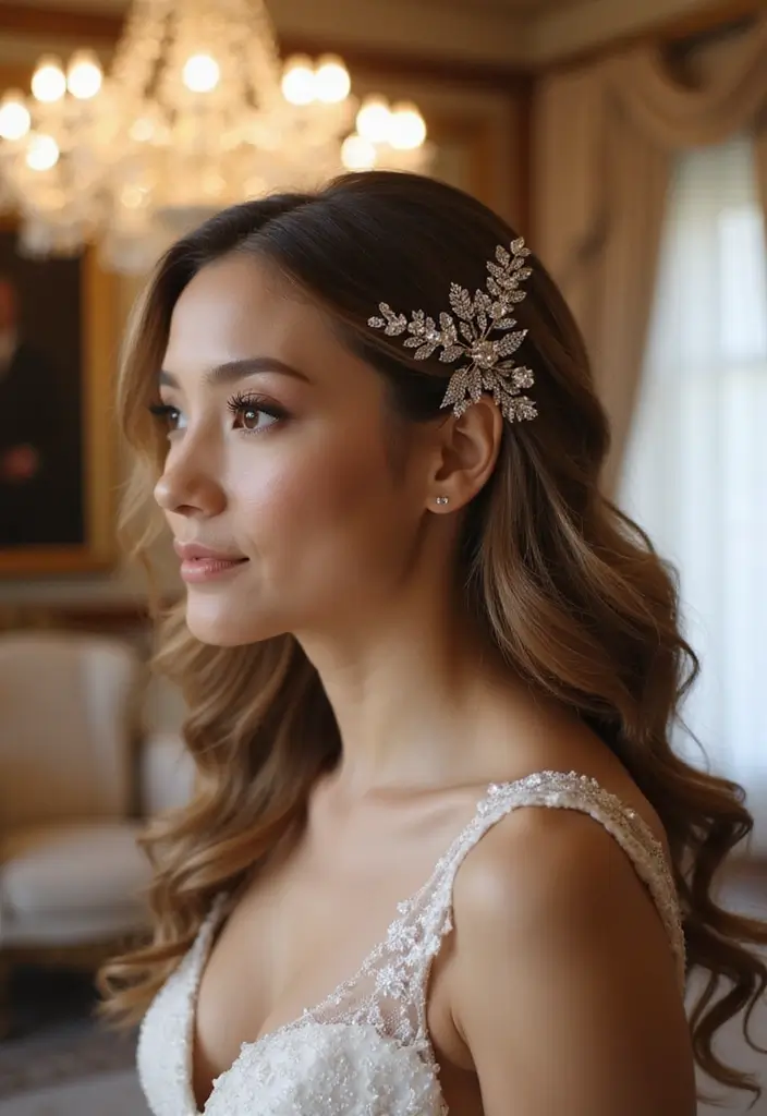 30 Half Up Half Down Wedding Hairstyles That Look Gorgeous in Photos 28 30 Half Up Half Down Wedding Hairstyles That Look Gorgeous in Photos - 28. Half Up with Glittering Hair Accessories