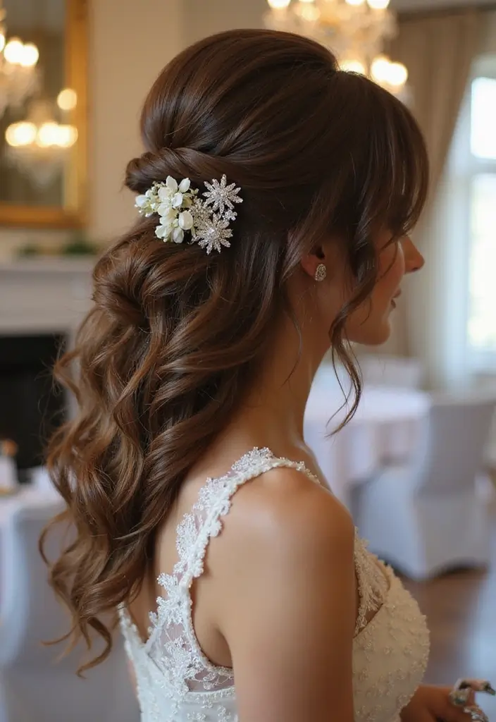 30 Half Up Half Down Wedding Hairstyles That Look Gorgeous in Photos 29 30 Half Up Half Down Wedding Hairstyles That Look Gorgeous in Photos - 29. Half Up with Elegant Chignon