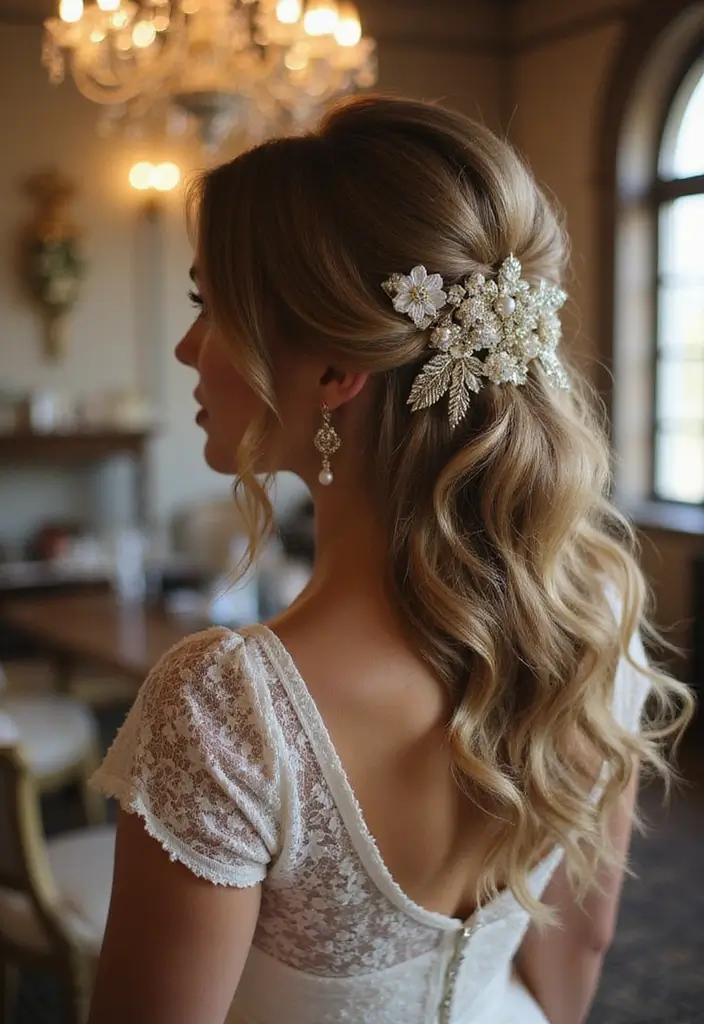 30 Half Up Half Down Wedding Hairstyles That Look Gorgeous in Photos 5 30 Half Up Half Down Wedding Hairstyles That Look Gorgeous in Photos - 5. Vintage-Inspired Half Up with Brooch