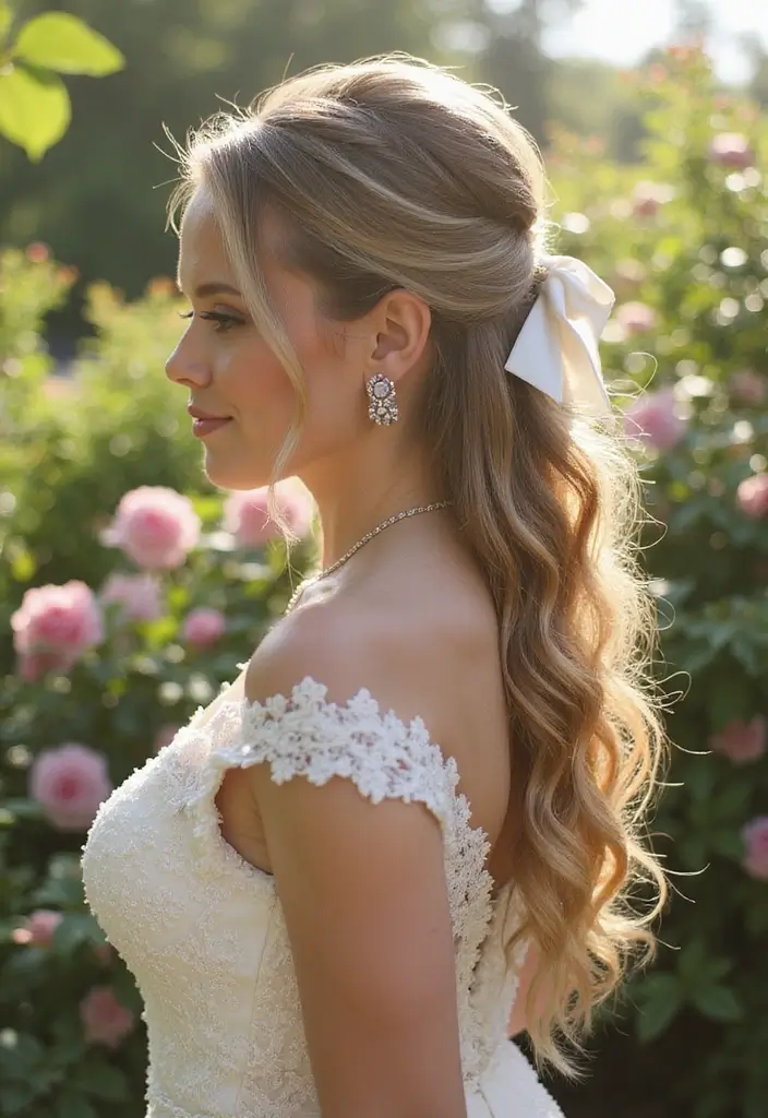 30 Half Up Half Down Wedding Hairstyles That Look Gorgeous in Photos 6 30 Half Up Half Down Wedding Hairstyles That Look Gorgeous in Photos - 6. Half Up Ponytail with Ribbon