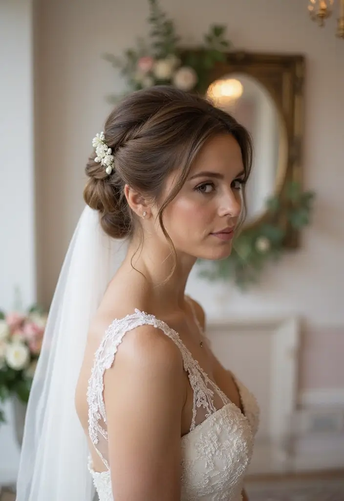 30 Half Up Half Down Wedding Hairstyles That Look Gorgeous in Photos 8 30 Half Up Half Down Wedding Hairstyles That Look Gorgeous in Photos - 8. French Twist Half Up with Pearls