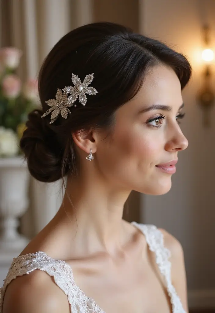 30 Low Bun Wedding Hairstyles That Look Effortlessly Chic 12 30 Low Bun Wedding Hairstyles That Look Effortlessly Chic - 12. Low Bun with Glistening Pins
