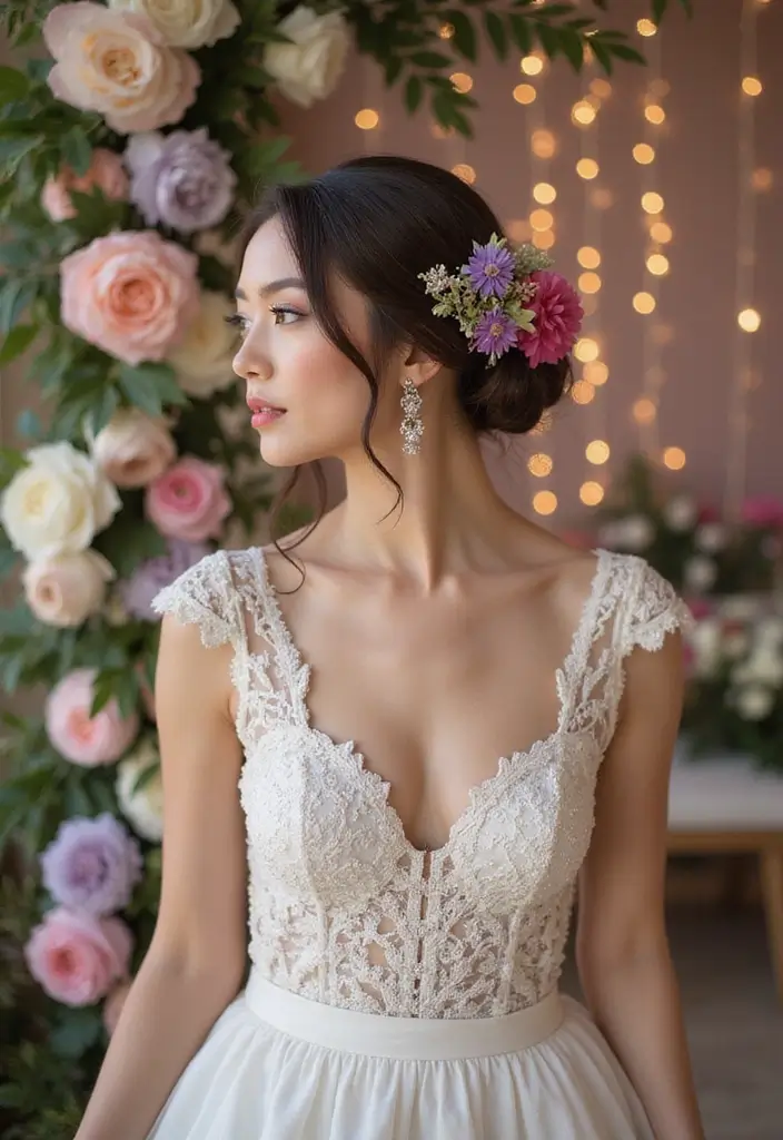 30 Low Bun Wedding Hairstyles That Look Effortlessly Chic 14 30 Low Bun Wedding Hairstyles That Look Effortlessly Chic - 14. Low Bun with Color Accents
