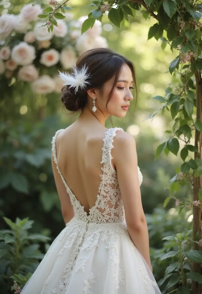 30 Low Bun Wedding Hairstyles That Look Effortlessly Chic 20 30 Low Bun Wedding Hairstyles That Look Effortlessly Chic - 20. Low Bun with Feather Details