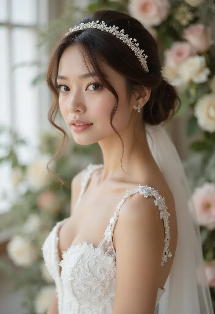 30 Low Bun Wedding Hairstyles That Look Effortlessly Chic 26 30 Low Bun Wedding Hairstyles That Look Effortlessly Chic - 26. Low Bun with Glittering Hairband