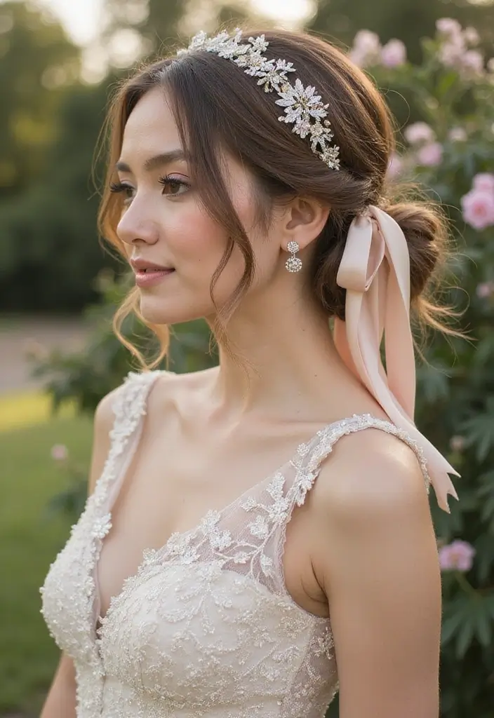 30 Low Bun Wedding Hairstyles That Look Effortlessly Chic 29 30 Low Bun Wedding Hairstyles That Look Effortlessly Chic - 29. Low Bun with Cascading Ribbons