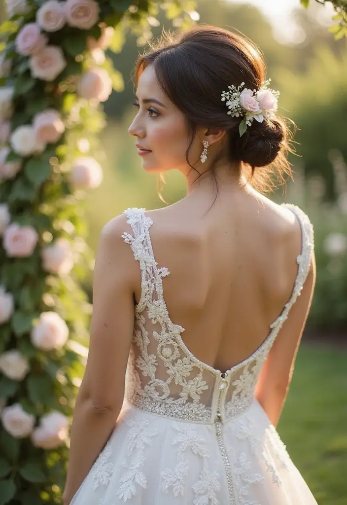 30 Low Bun Wedding Hairstyles That Look Effortlessly Chic 3 30 Low Bun Wedding Hairstyles That Look Effortlessly Chic - 3. Tucked Low Bun with Fresh Flowers